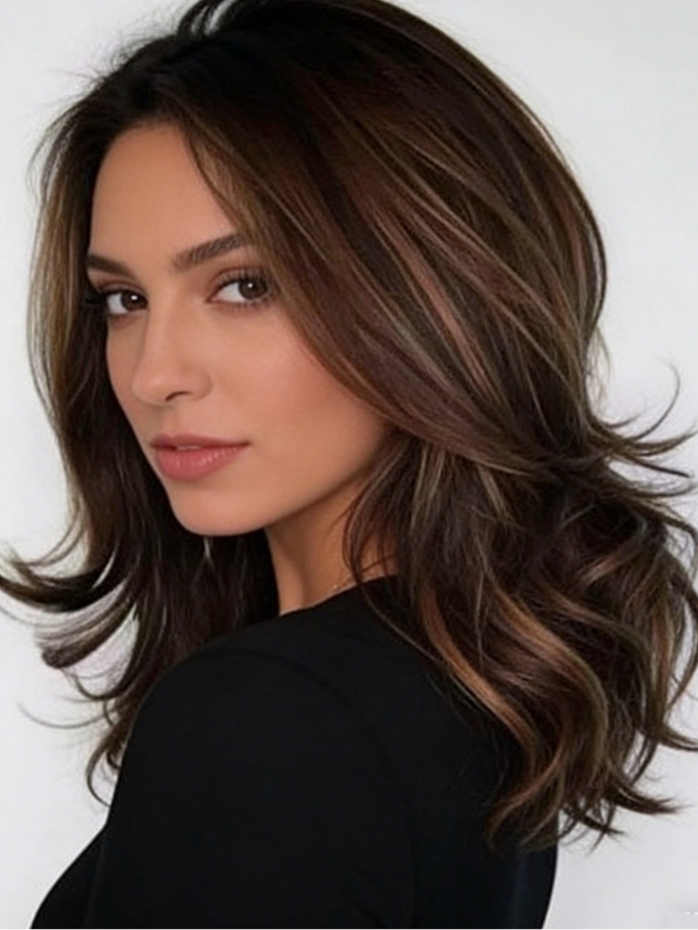 Women Dark Brown w/Gold Highlight Ombre Shoulder Length Curly Hair Wig-&&++